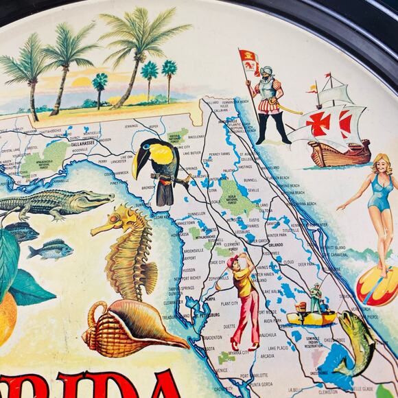 Vintage Florida Round Metal Tin Sourvenir Travel Map Trays Retro Decor 10.5" GUC - Picture 8 of 11